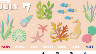 2026年7月縦型の日曜始まり 海の生き物イラストがかわいいA4無料カレンダー