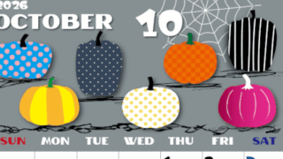 2026年10月縦型の日曜始まり パンプキンがかわいいイラストA4無料カレンダー