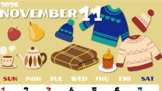 2026年11月縦型の日曜始まり セーターがかわいいイラストA4無料カレンダー