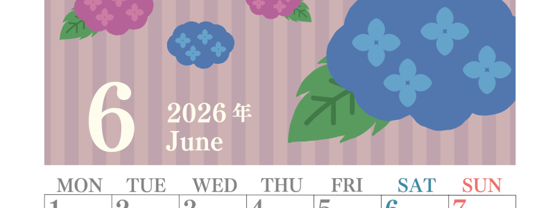 2026年6月縦型の月曜始まり アジサイがおしゃれなイラストA4無料カレンダー