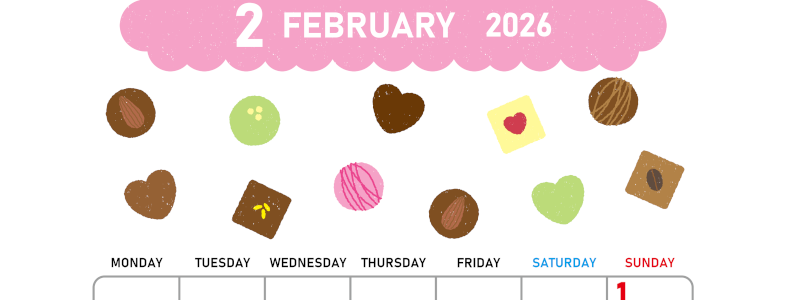 2026年2月縦型の月曜始まり チョコのイラストがかわいいA4無料カレンダー