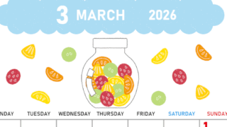2026年3月縦型の月曜始まり 果物イラストのかわいいA4無料カレンダー