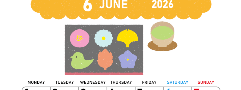 2026年6月縦型の月曜始まり 和菓子イラストのかわいいA4無料カレンダー