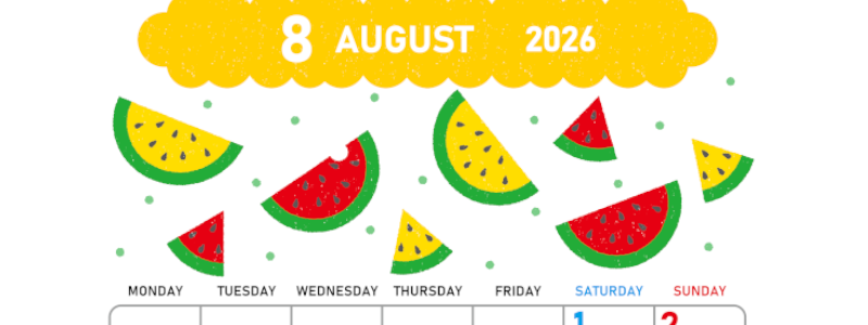 2026年8月縦型の月曜始まり 季節の果物イラストのかわいいA4無料カレンダー