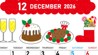 2026年12月縦型の月曜始まり 御馳走イラストのかわいいA4無料カレンダー