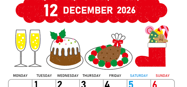 2026年12月縦型の月曜始まり 御馳走イラストのかわいいA4無料カレンダー