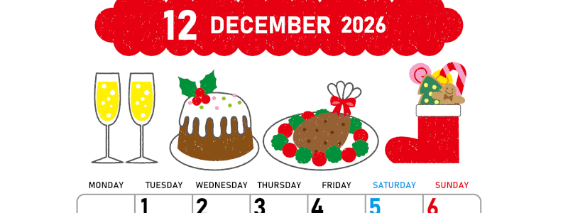 2026年12月縦型の月曜始まり 御馳走イラストのかわいいA4無料カレンダー