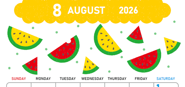 2026年8月縦型の日曜始まり 季節の果物イラストのかわいいA4無料カレンダー