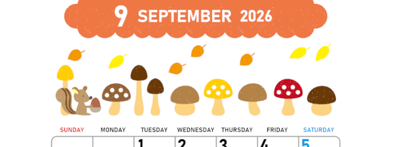 2026年9月縦型の日曜始まり 秋の季節イラストがかわいいA4無料カレンダー