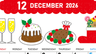 2026年12月縦型の日曜始まり 御馳走イラストのかわいいA4無料カレンダー