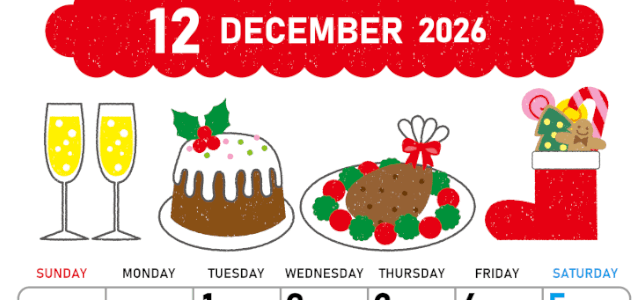 2026年12月縦型の日曜始まり 御馳走イラストのかわいいA4無料カレンダー