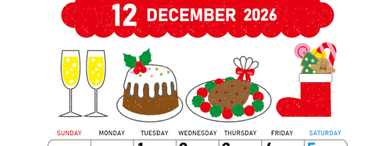 2026年12月縦型の日曜始まり 御馳走イラストのかわいいA4無料カレンダー