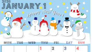 2026年1月縦型の月曜始まり スノーマンイラストのかわいいA4無料カレンダー
