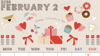 2026年2月縦型の月曜始まり かわいいバレンタインイラストA4無料カレンダー