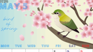2026年5月縦型の月曜始まり 鶯と桜イラストのかわいいA4無料カレンダー