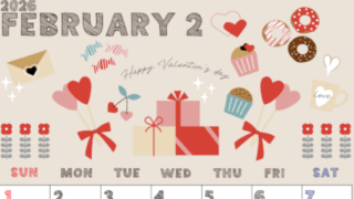 2026年2月縦型の日曜始まり かわいいバレンタインイラストA4無料カレンダー