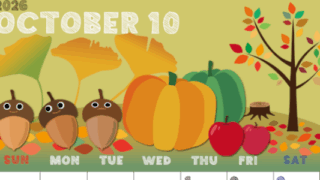 2026年10月縦型の日曜始まり 秋の季節イラストのかわいいA4無料カレンダー