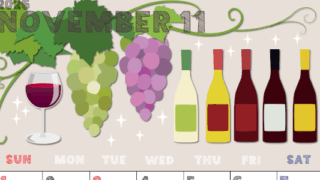 2026年11月縦型の日曜始まり 赤白ワインのかわいいイラストA4無料カレンダー