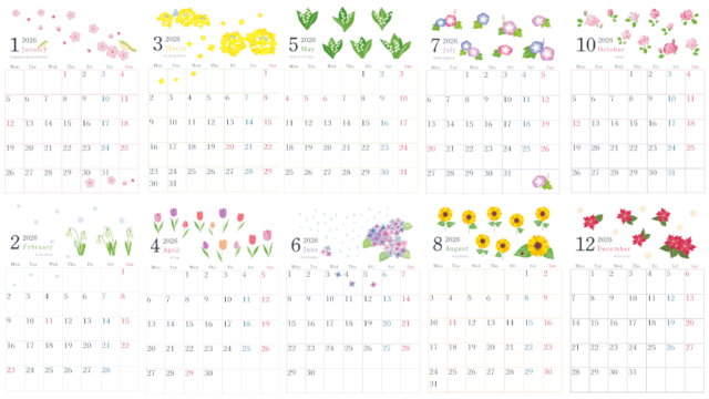 季節の花々のおしゃれで大人っぽいイラストが添えられた2026年の見やすいカレンダーをA4印刷で使いましょう！