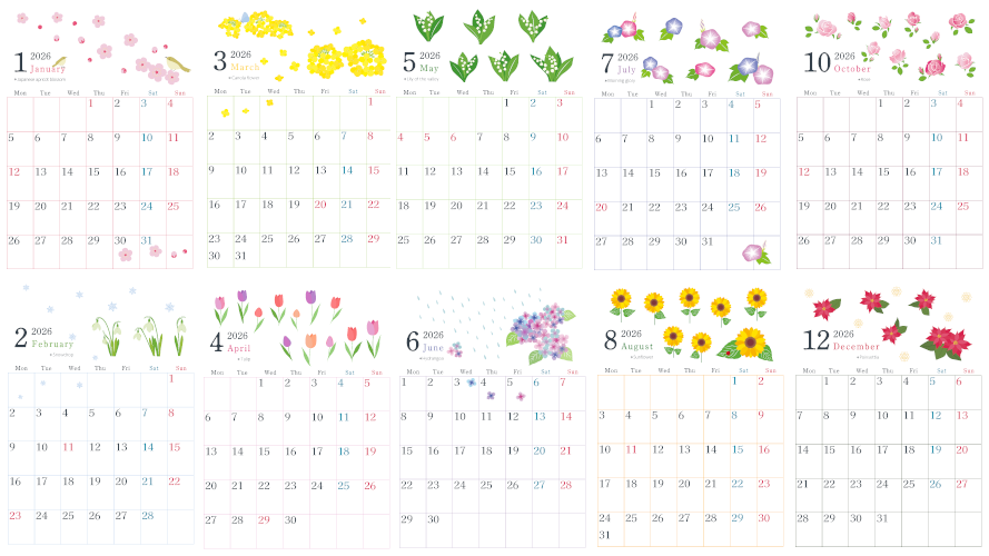 季節の花々のおしゃれで大人っぽいイラストが添えられた2026年の見やすいカレンダーをA4印刷で使いましょう！