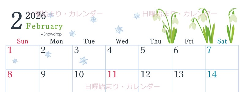 2026年2月横型の日曜始まり 白い花がかわいいイラストA4無料カレンダー