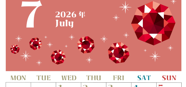 2026年7月縦型の月曜始まり 誕生石のイラストがおしゃれなA4無料カレンダー