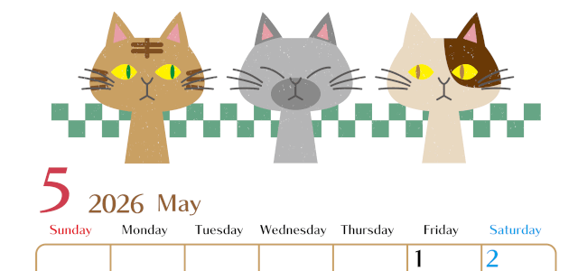 2026年5月縦型の日曜始まり 猫たちイラストのおしゃれA4無料カレンダー
