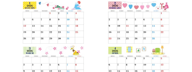2026年の年間カレンダーはA4横型の月曜始まり♪女性に人気のおしゃれでかわいい遊び心イラスト！無料ダウンロード可能！