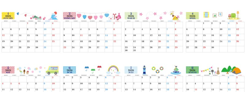 2026年間カレンダー♪A4横型の月曜始まりで明るい色合いが魅力！スケジュール管理が楽しくなる！無料ダウンロードできます！