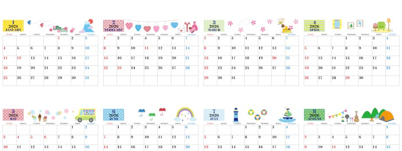 A4一枚で使える2026年間カレンダー♪横向きの日曜始まりでポップな楽しさが詰まったデザイン！無料ダウンロードできます！