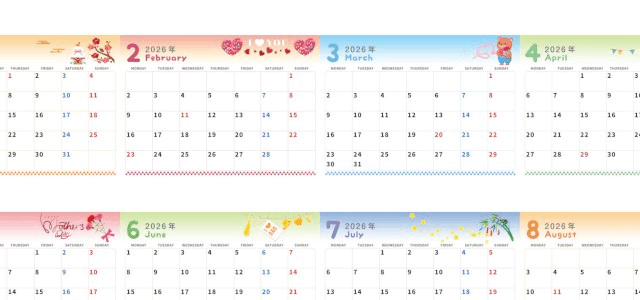 2026年間カレンダー♪A4横型の月曜始まりで毎日を見るのが楽しくなる♪無料ダウンロードできます！