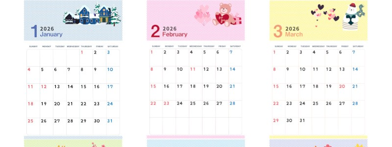 2026年間カレンダー♪A4縦型の日曜始まりで四季が楽しめるかわいいイラスト！使いやすい無料ダウンロード可能！