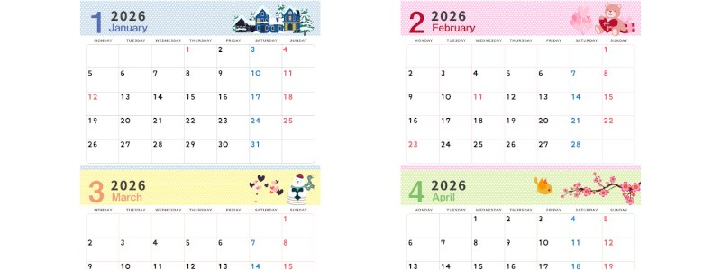 2026年の年間カレンダーはA4横型の月曜始まり♪かわいい季節イラストが並ぶシンプルデザイン！無料ダウンロード可能！
