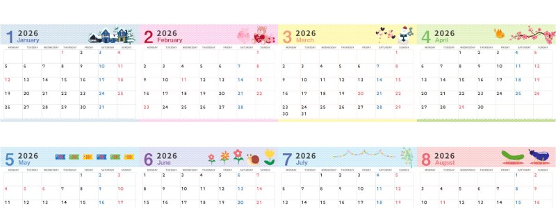 2026年間カレンダー♪A4横型の月曜始まりで四季のイラストがおしゃれ♪実用的に使える！無料でダウンロードできます！