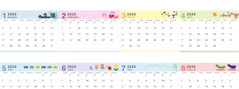 A4一枚で使える2026年間カレンダー♪横向きの日曜始まりで四季の彩りが楽しいスタンダードデザイン！無料ダウンロードできます！