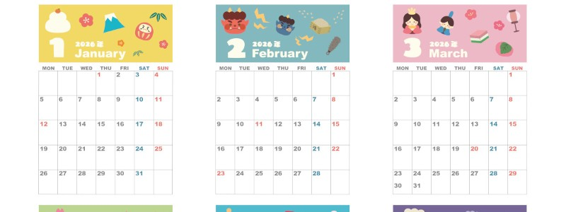 年間カレンダー2026はA4縦型の月曜始まり♪遊び心が詰まった明るいデザイン！無料ダウンロード可能！