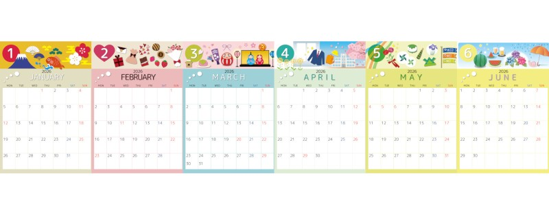 2026年版年間カレンダー♪A4縦型の月曜始まりで書き込みスペース広めの整ったレイアウト！無料でダウンロードできます！