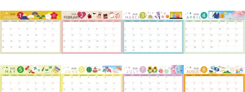 2026年間カレンダー♪A4横型の月曜始まりでシンプルで書き込みやすい整った構成！無料でダウンロードできます！