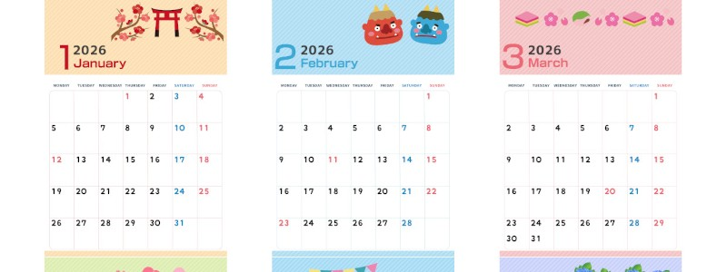年間カレンダー2026はA4縦型の月曜始まり♪イベント管理に使いやすい構成！無料ダウンロード可能！
