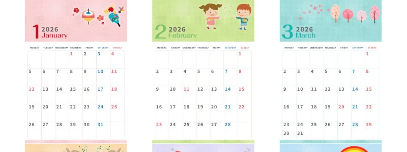 年間カレンダー2026はA4縦型の月曜始まり♪計画管理が楽しく続くデザイン！無料ダウンロード可能！