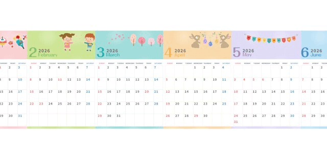 A4縦型で使える2026年間カレンダー♪日曜始まりでスケジュールが立てやすい実用デザイン！無料ダウンロードできます！