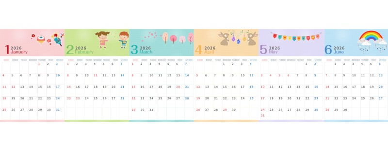 A4縦型で使える2026年間カレンダー♪日曜始まりでスケジュールが立てやすい実用デザイン！無料ダウンロードできます！