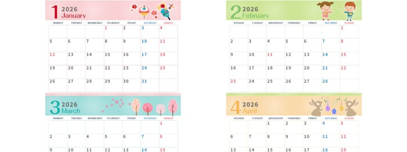 2026年の年間カレンダーはA4横型の月曜始まり♪行事整理に便利なかわいいデザイン！無料ダウンロード可能！