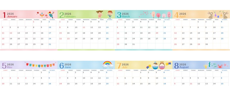 A4一枚で使える2026年間カレンダー♪横向きの日曜始まりで計画が立てやすい実用イラスト！無料ダウンロードできます！