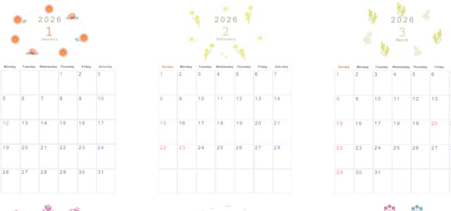 2026年間カレンダー♪A4縦型の日曜始まりで四季の花がやさしく飾る上品デザイン！無料ダウンロード可能！
