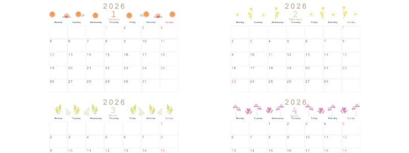 2026年の年間カレンダーはA4横型の月曜始まり♪シンプルでおしゃれな花イラストが魅力！無料ダウンロード可能！