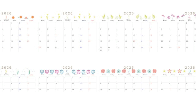 2026年間カレンダー♪A4横型の月曜始まりで上品な花イラストが整った印象！無料でダウンロードできます！