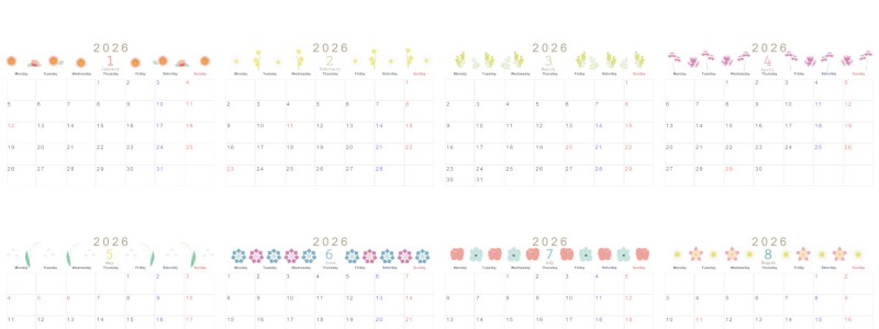 2026年間カレンダー♪A4横型の月曜始まりで上品な花イラストが整った印象！無料でダウンロードできます！