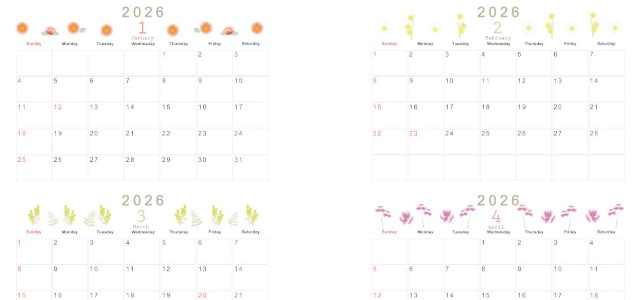 2026年間カレンダー♪A4横型の日曜始まりで四季折々の花イラストがやさしく彩る上品デザイン！インク節約にも◎無料ダウンロード可能！