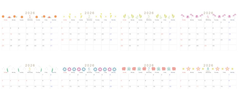 A4一枚で使える2026年間カレンダー♪横向きの日曜始まりで風情のある花イラストが美しい！無料ダウンロードできます！